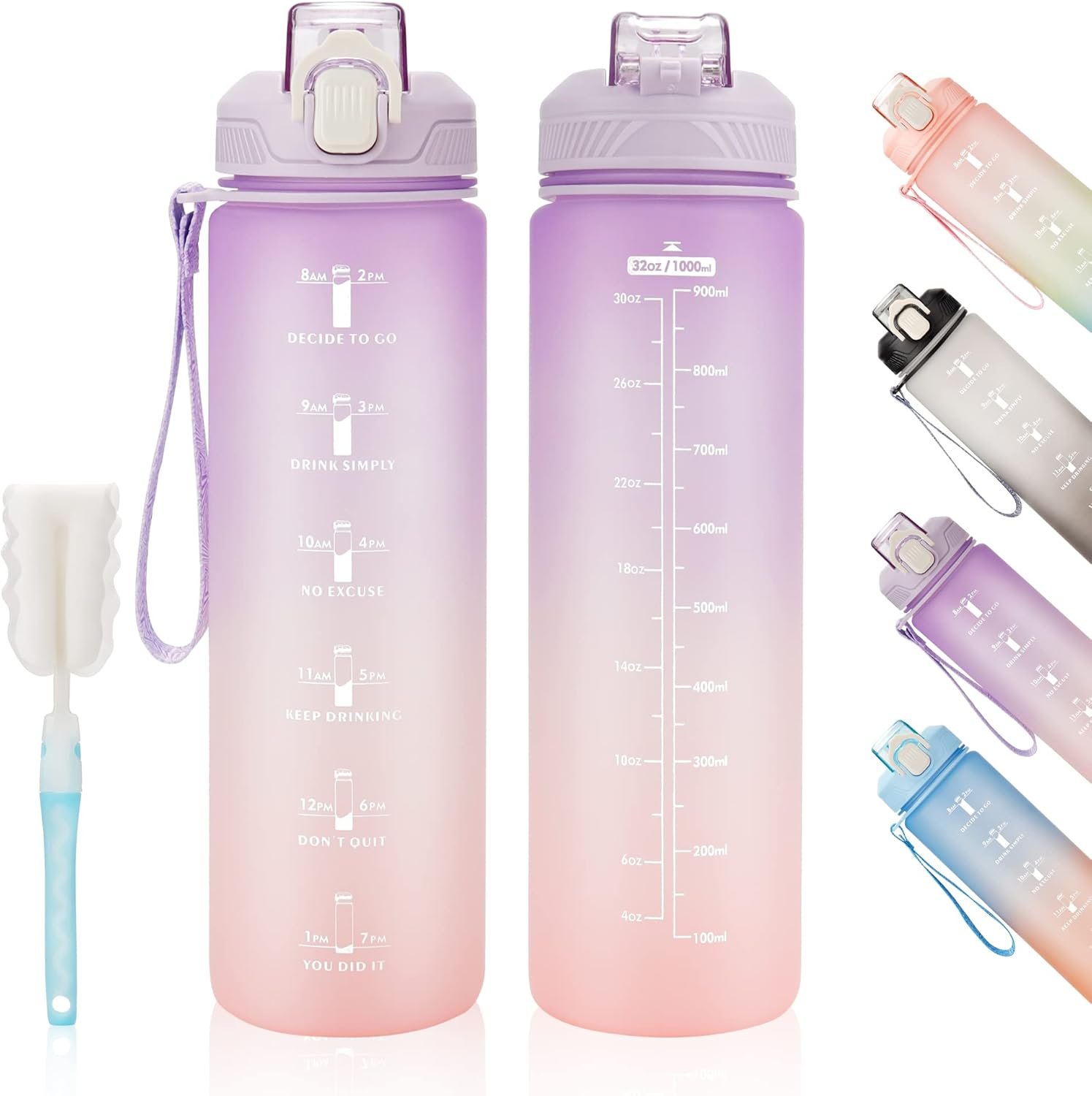 YC Kitchen 32oz Motivational Water Bottle with Straw & Carrying Strap