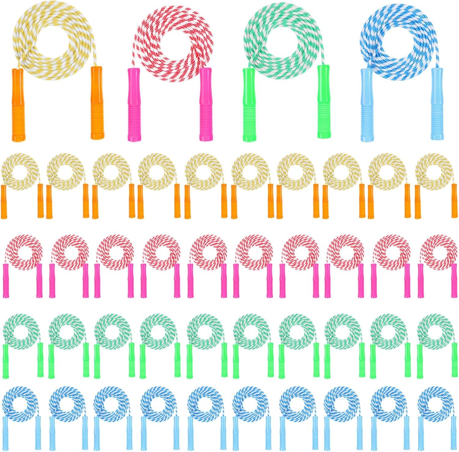 40 Pack Colorful Kids Jump Rope Set, 7.6ft Colorful Jump Rope for Kid Bulk Adjustable Length Stripe Skipping Ropes with Plastic Handles for Outdoor Exercise Sport Party Equipment