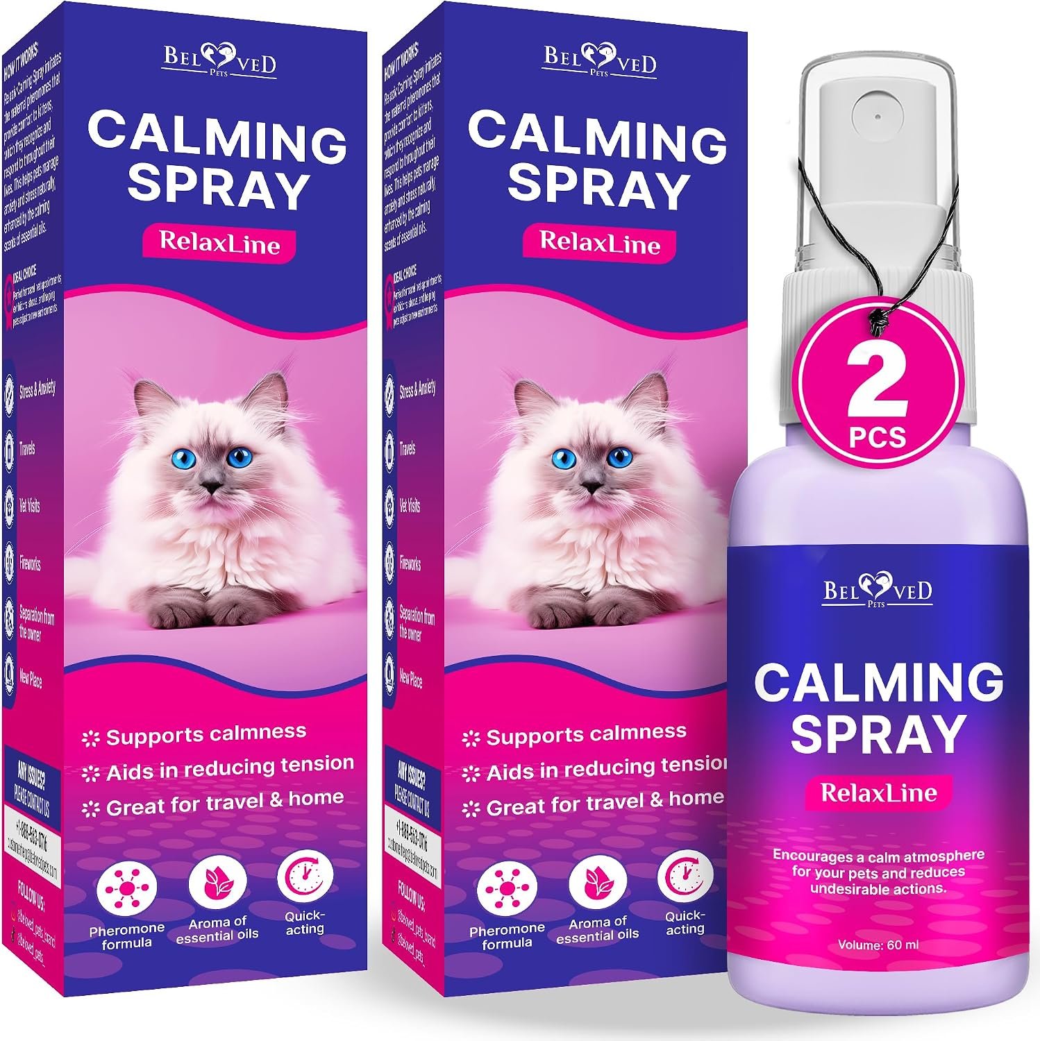 Calming Pheromone Spray & Scratch Repellent for Cats – Reduces Scratching Furniture, Pee – During Travel, Fireworks, Thunder, Vet Zone – Helps with Stress, Fighting, Hiding (60 ml (2 pack))