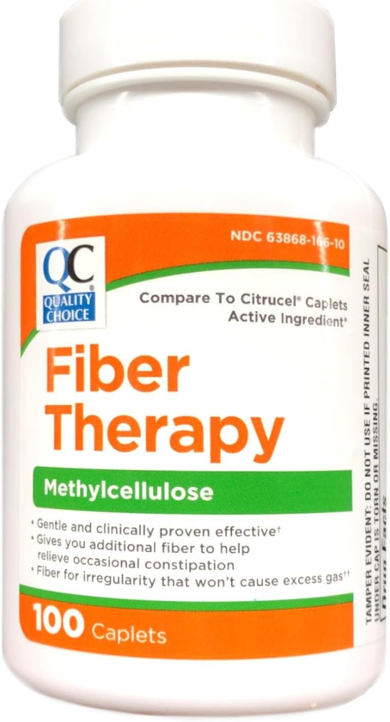 Quality Choice Fiber Therapy Caplets, 100 Count Gentle Fiber Laxative with Methylcellulose for Constipation Relief, Regularity Support, Gluten-Free, Non-Allergenic, Gentle & Effective