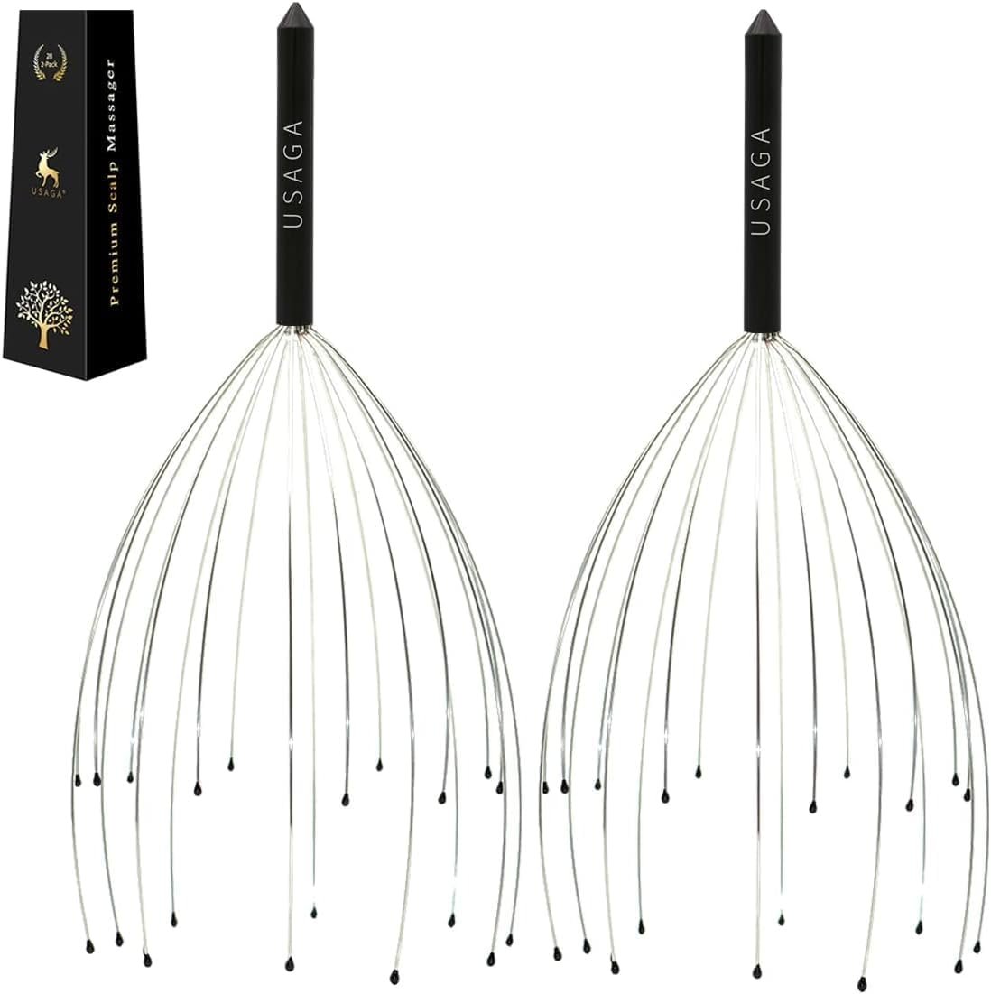 USAGA Head Massager Scalp Massager 20 Fingers Head Scratcher (Black&Black)