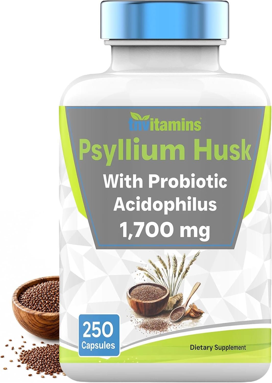 tnvitamins Psyllium Husk Capsules | 1700 MG – 250 Capsules | with Probiotic Acidophilus | Extra Strength Soluble & Dietary Fiber Supplement | Supports Digestive Health