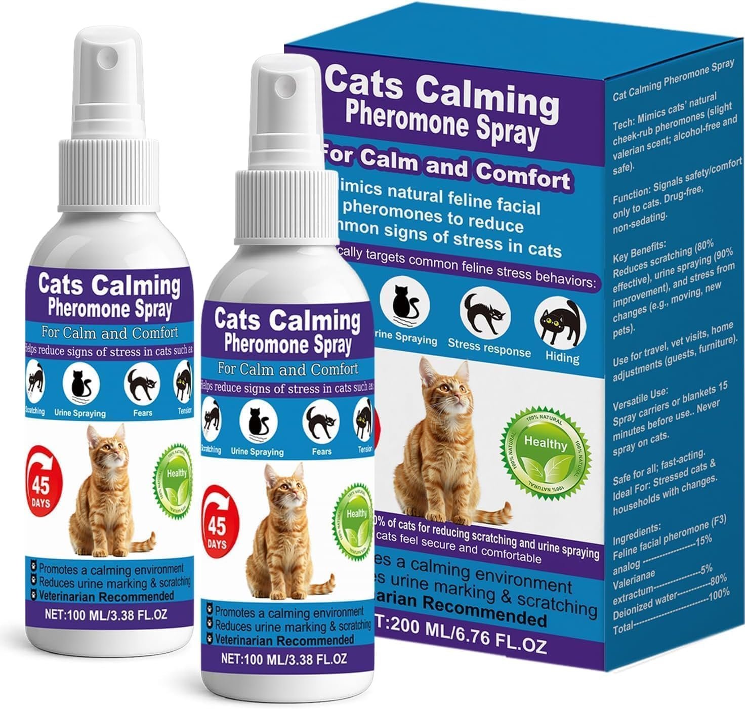 Cat Calming Pheromone Spray for Stress & Anxiety Relief – Reduces Scratching, Urine Spraying, Hiding – Drug-Free & Vet Recommended – Feline Calm Spray with F3 Facial Pheromone 2 * 100mL 8.8oz