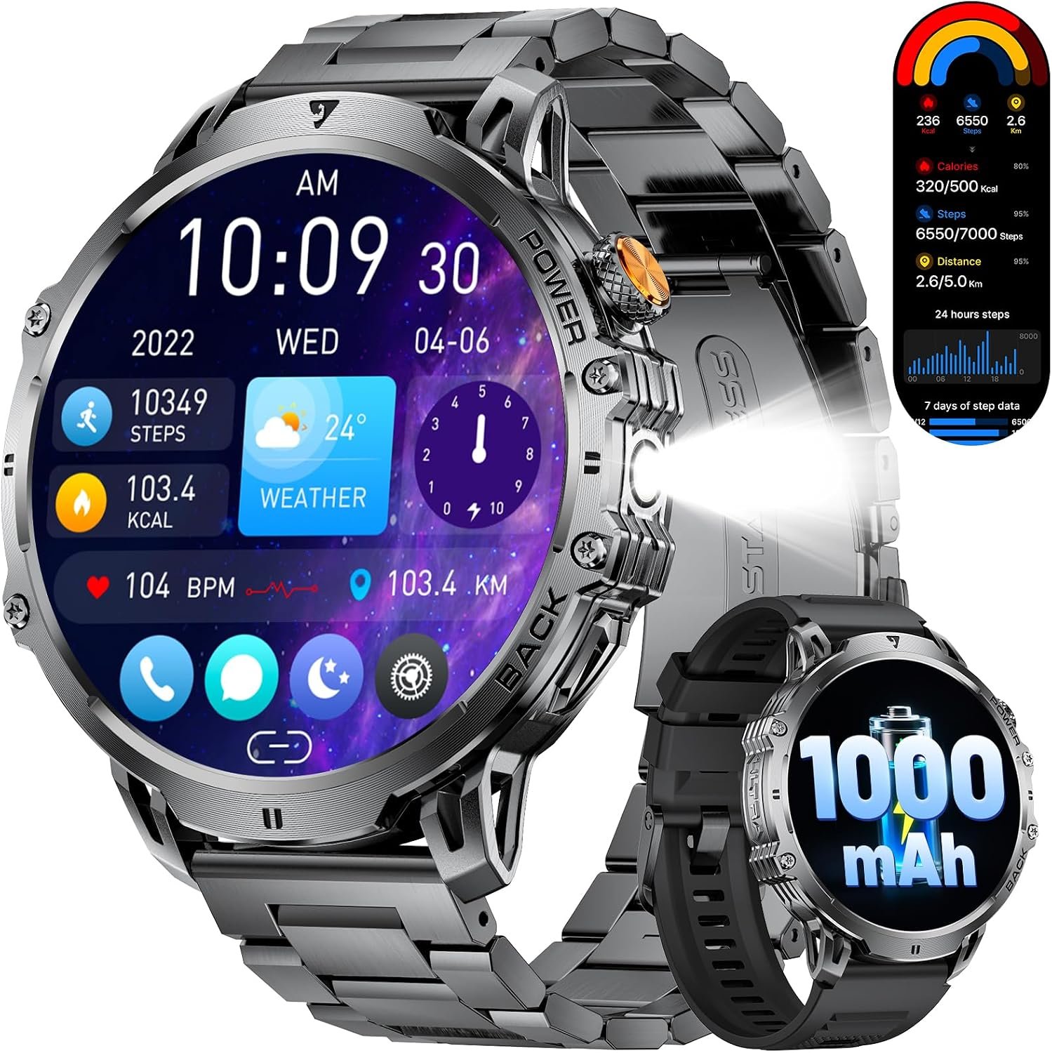 LIGE Military Smart Watches for Men(2 Bands),1000mAh/1.85″ HD Large Screen Smartwatch, Flashlight/110+ Sports Modes/Sleep Monitor, Fitness Tracker Watch for Android iOS,Black