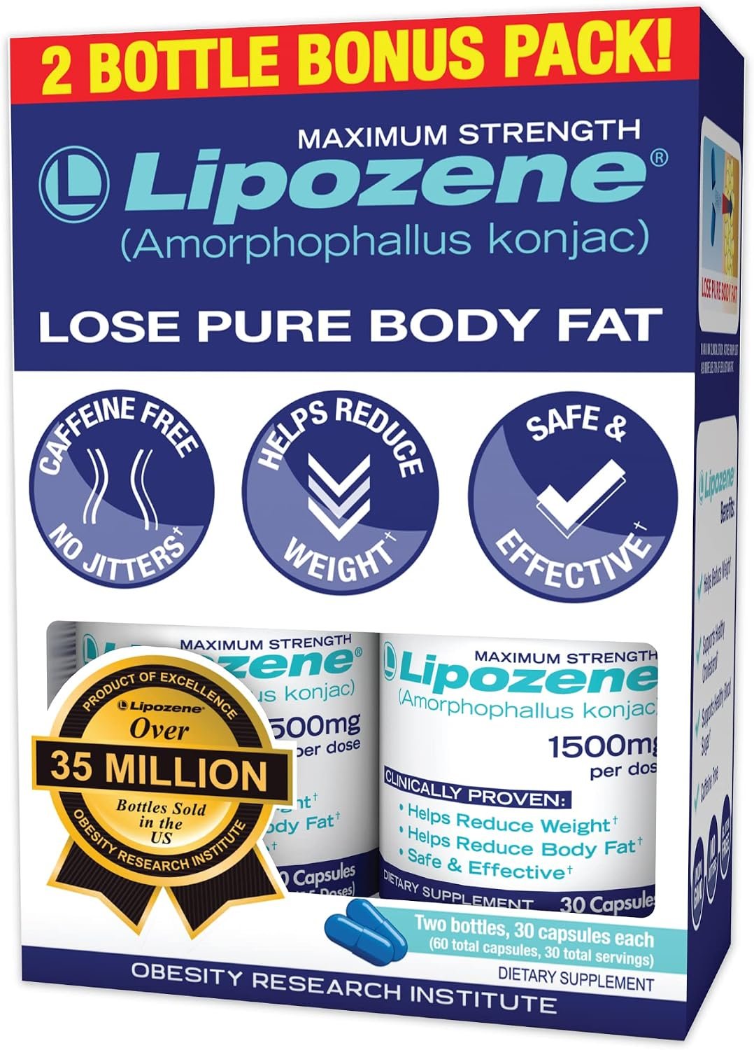 Lipozene – Weight Loss Supplement Diet Pills – Appetite Suppressant and Control – Two Bottles 60 Capsules Total