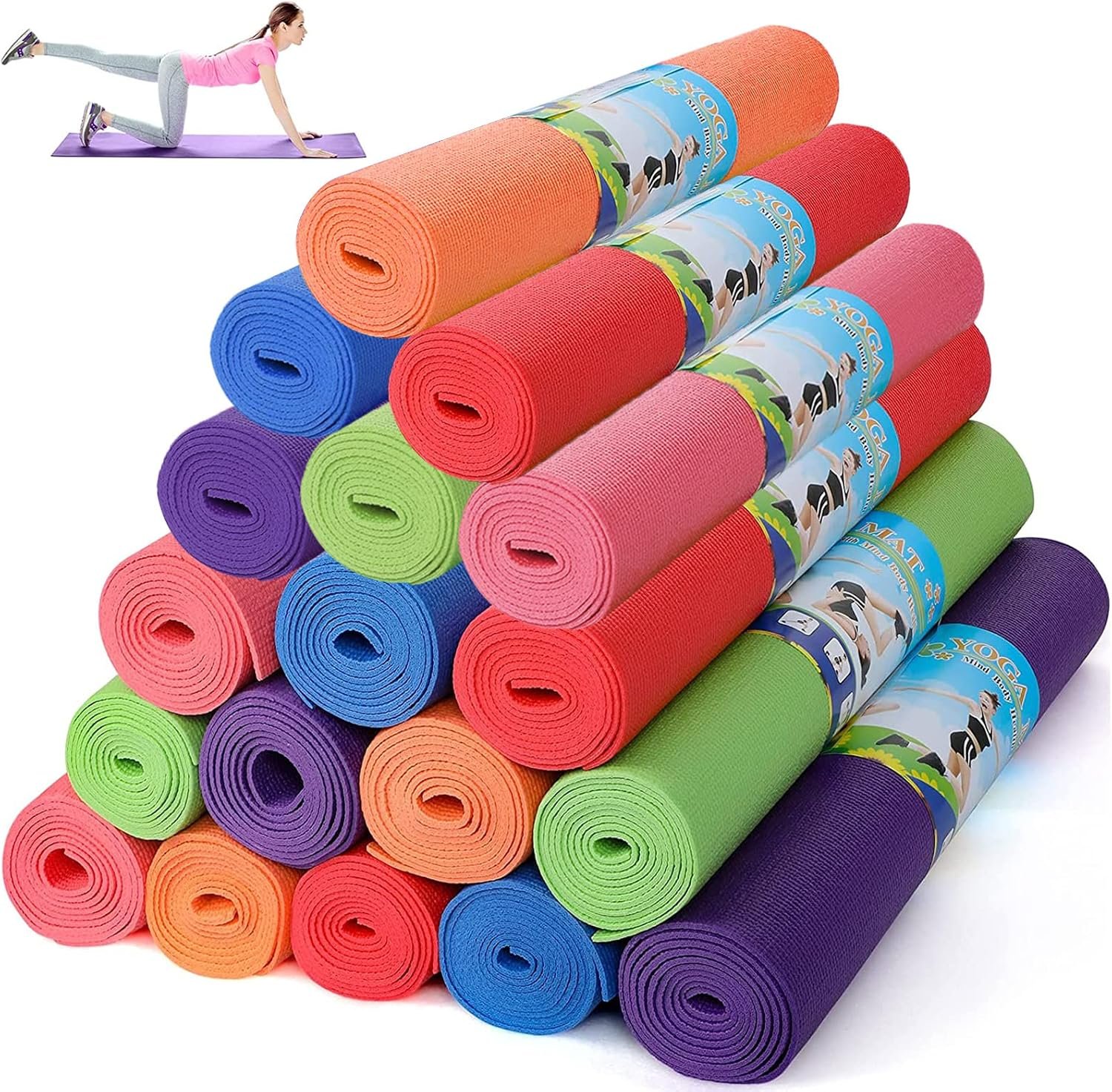 Wettarn 18 Pieces Yoga Mats Bulk Non Slip Exercise Fitness Workout Mats for Women Men Home Workout Gym Floor Exercising, 6 Colors, 68 x 24 x 0.12 Inches