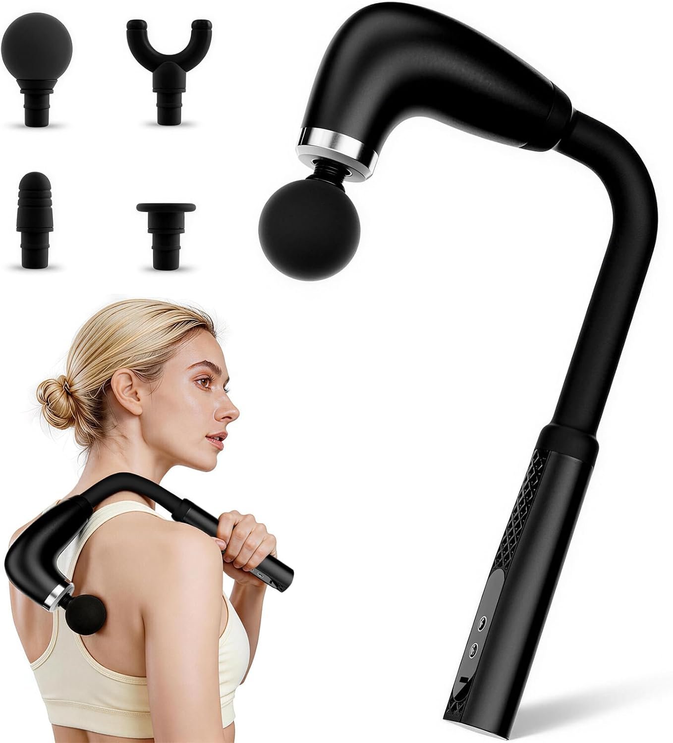 Massage Gun Deep Tissue with Extension Handle, Back Massager for Pain Relief, 4 Massage Heads & 9 Modes & 9 Levels, Percussion Handheld Muscle Massager Gun for Back,Shoulder,Legs,Thigh,Waist