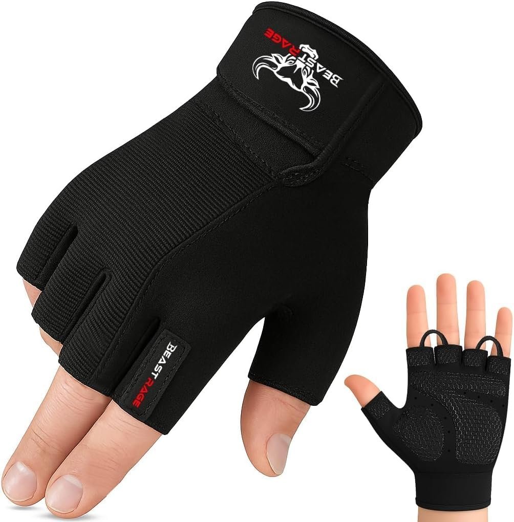 BEAST RAGE Workout Gloves for Men, Durable Palm Grip Gym Gloves Women Half Finger Elasticated Training Weight Lifting Strength Bodybuilding Anti Slip Cycling Gloves Exercise