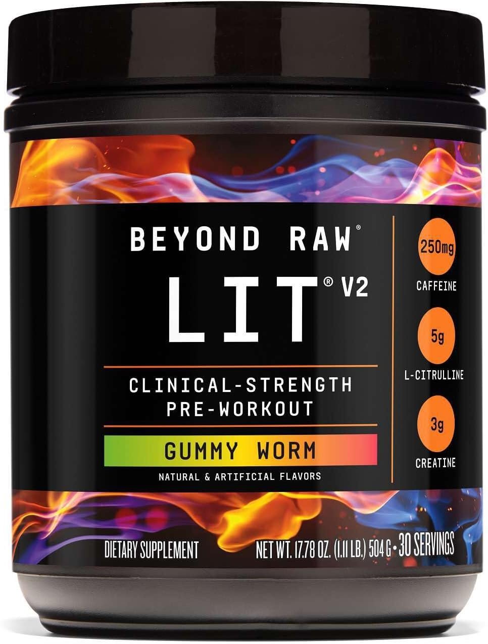 BEYOND RAW GNC LIT V2 Pre Workout Powder, Gummy Worm, 30 Servings