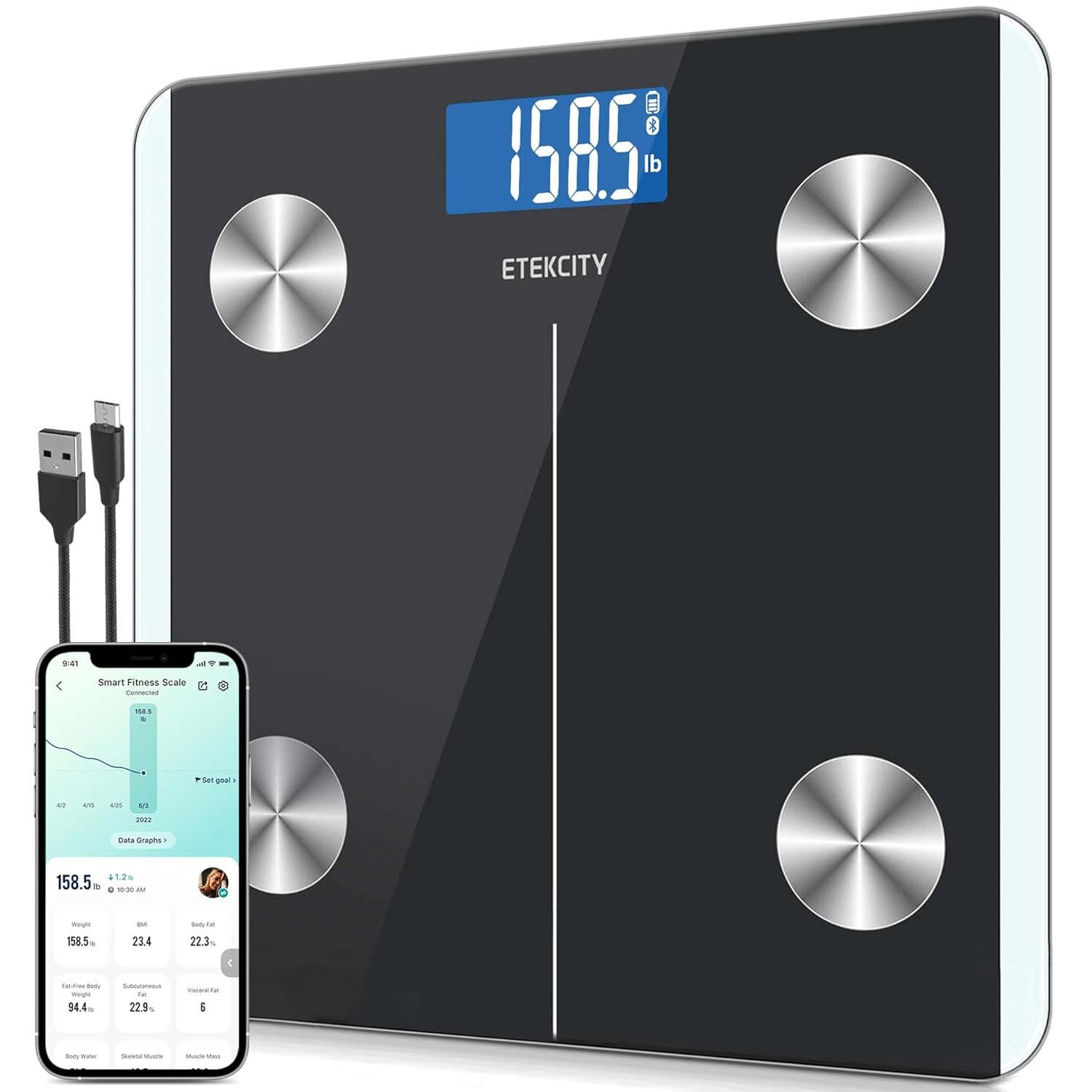 Etekcity Rechargeable Smart Scale for Body Weight, Bluetooth, 400 lb