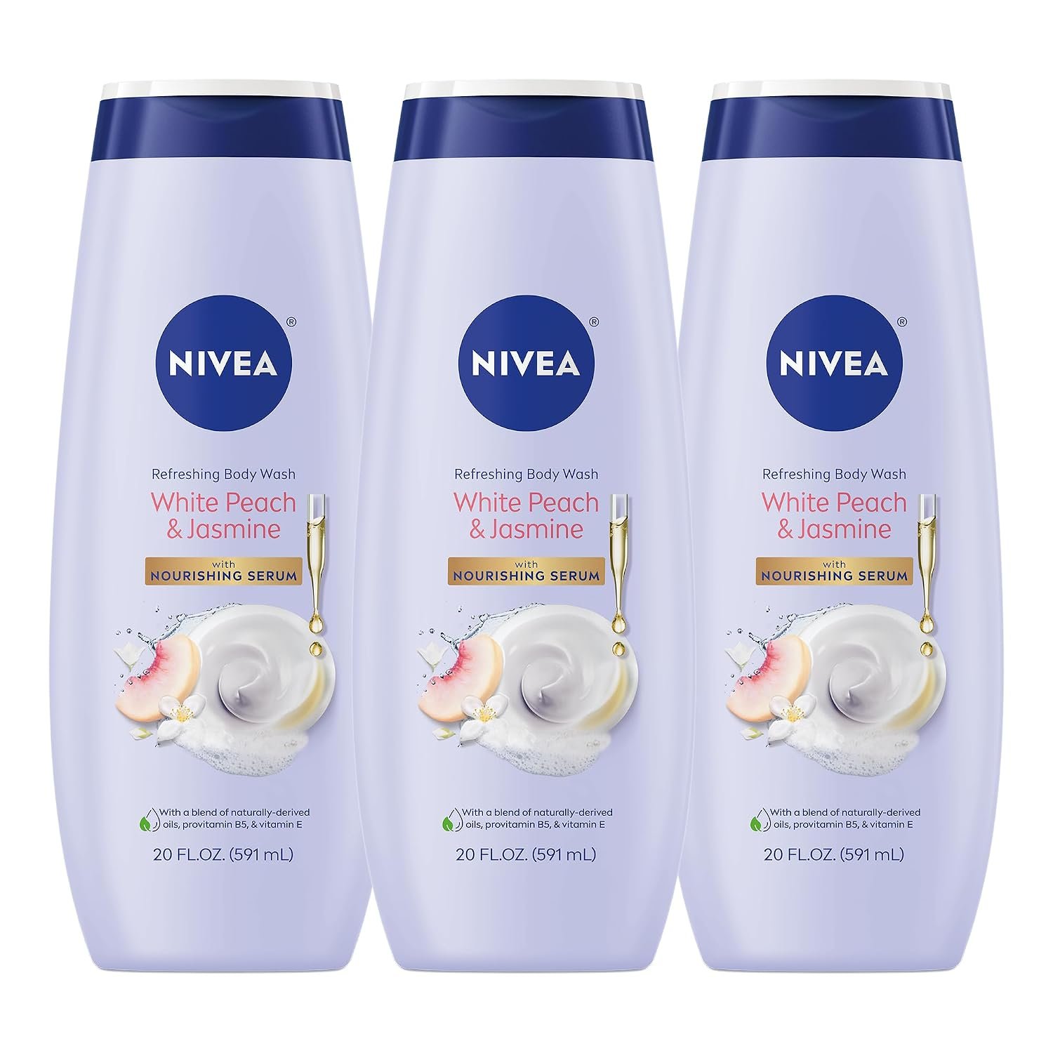 NIVEA Refreshing White Peach and Jasmine Body Wash, Multipack, 3 x 20 FL OZ