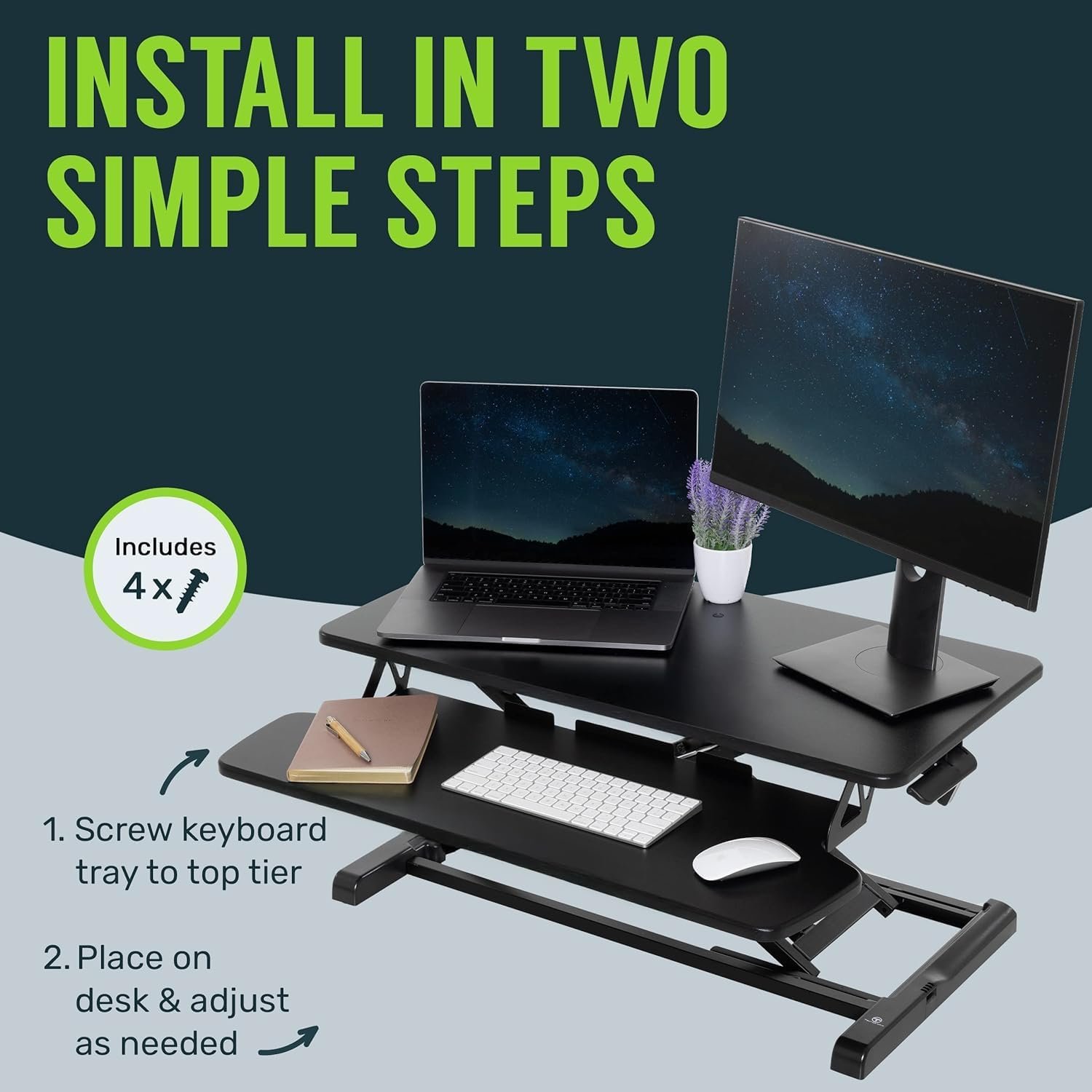 TechOrbits OF-S06-2 Desk Converter-37-inch Height Adjustable, MDF Wood, Sit-to-Stand Rise-X Pro Black, 36″