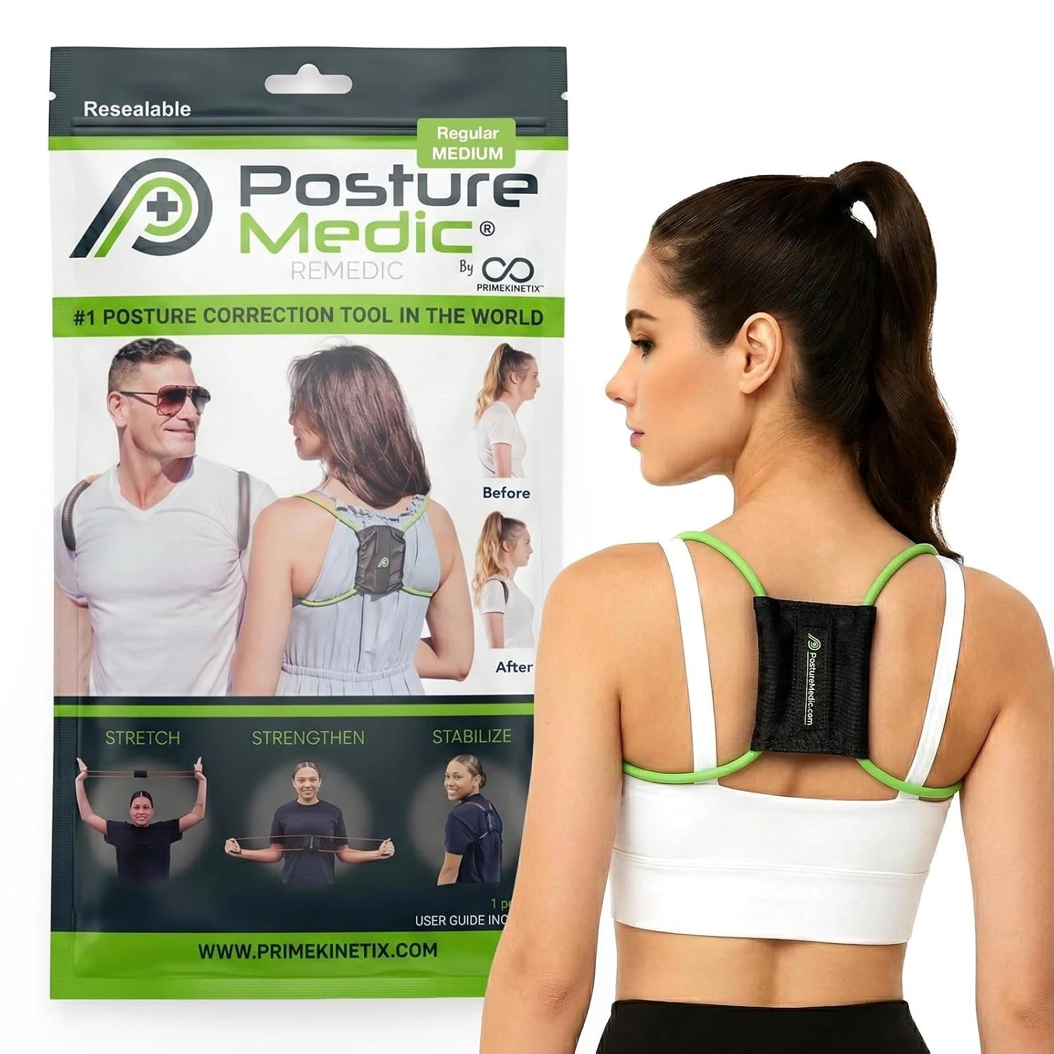 PostureMedic Original Strength Dynamic Posture Corrector for Men & Women – Active Resistance Training System for Back, Neck & Shoulder Pain Relief – Strengthen Muscles & Improve Alignment – Medium (Green)