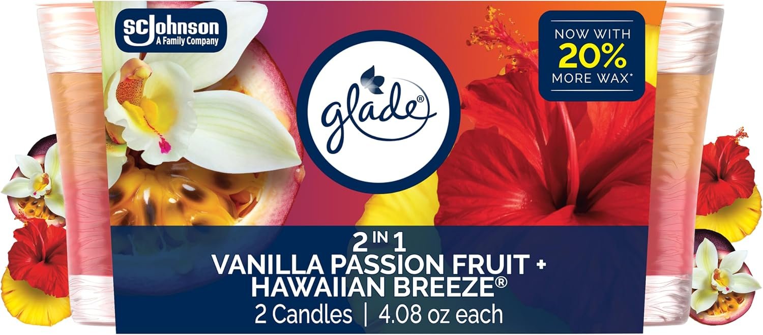 Glade 2in1 Scented Candle, Hawaiian Breeze & Vanilla Passion Fruit, 2 Count