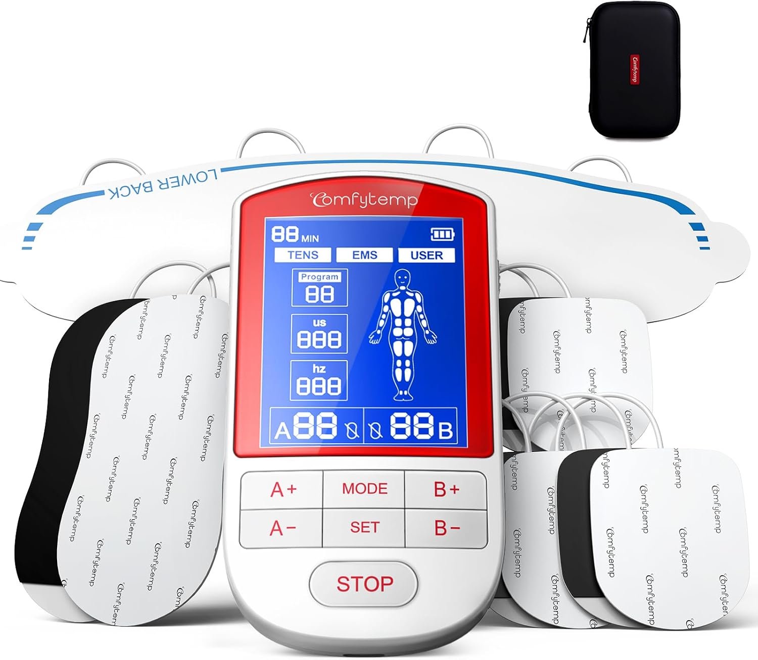 Comfytemp 3-in-1 TENS Unit with Large Back Pad, Pain Relief & EMS&User Mode
