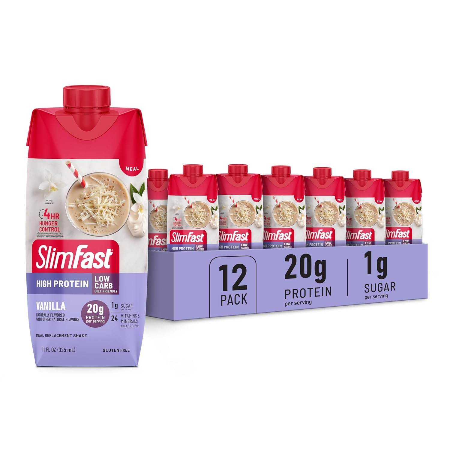 SlimFast Protein Shake, Vanilla- 20g Protein, Meal Replacement Shake Ready to Drink, High Protein with Low Carb and Low Sugar, 24 Vitamins and Minerals, 12 Count (Pack of 1) (Packaging May Vary)