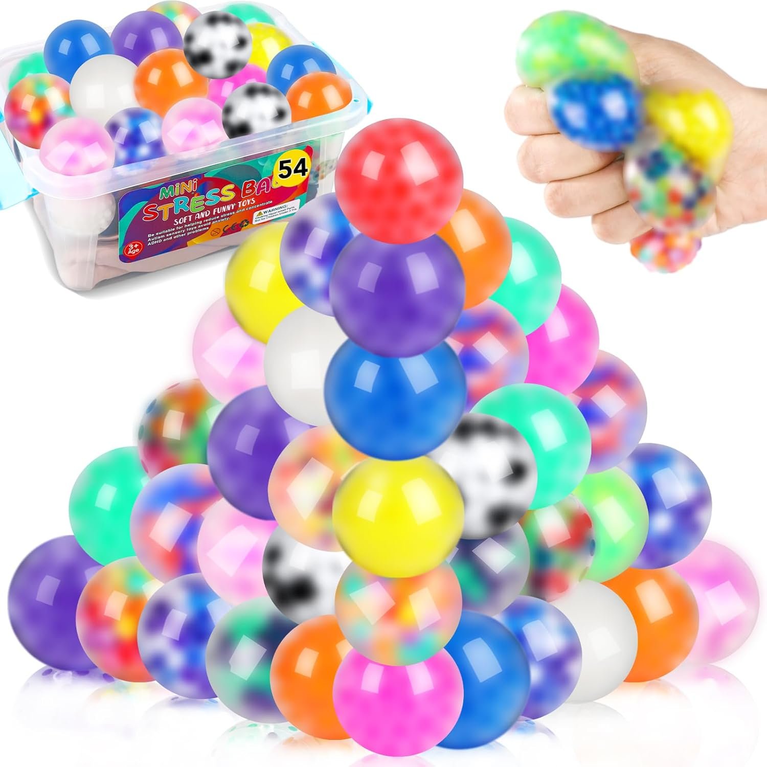 54Pack Stress Balls, Squishy Squeeze Balls Bulk Fidget for Adults Squishy Balls Stress Relief Balls, Stress Balls for Adults, Party Favors, Goodie Bag Stuffers