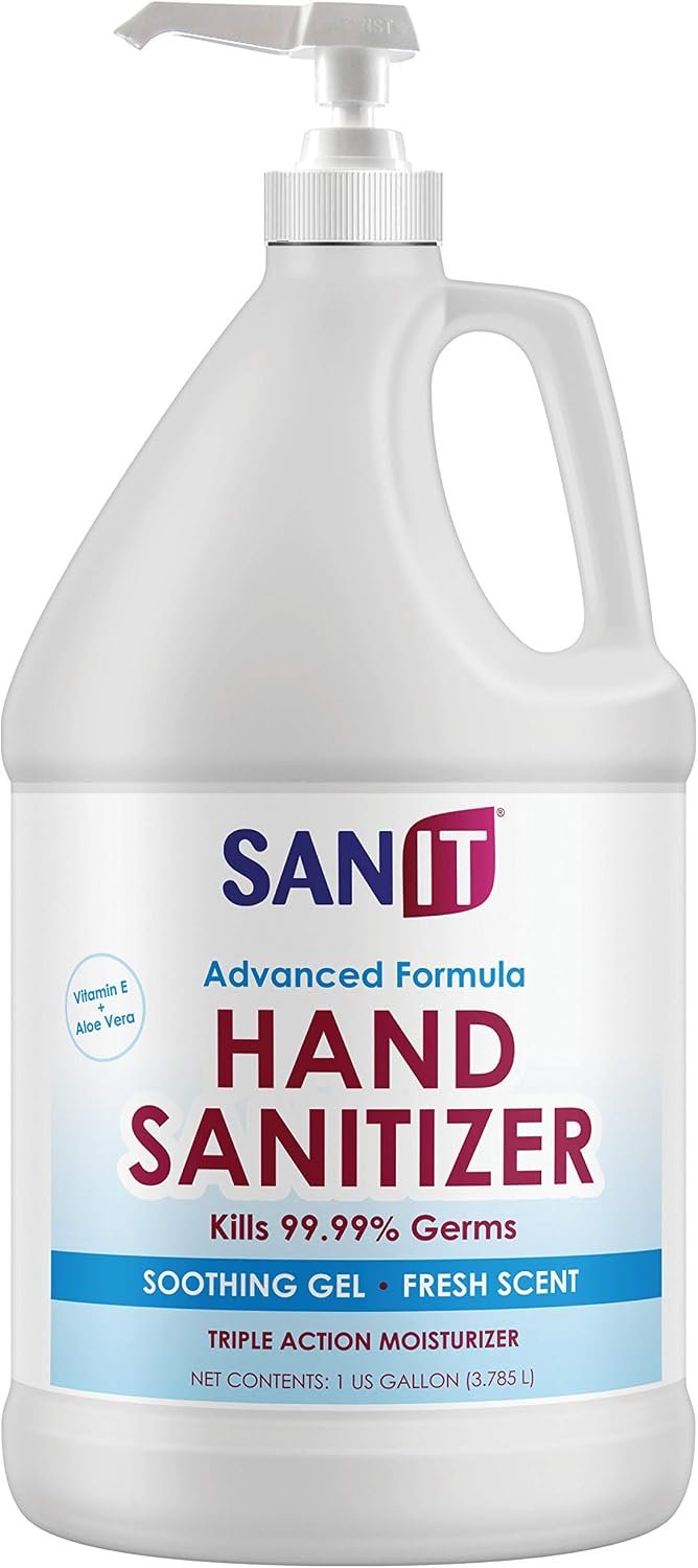 Sanit Moisturizing Hand Sanitizer Gel 70% Ethyl Alcohol – Kills 99.99% Germs, Advanced Formula with Vitamin E and Aloe Vera – Soothing Gel, Fresh Scent, Made in USA – 1 Gallon with Easy to Use Pump