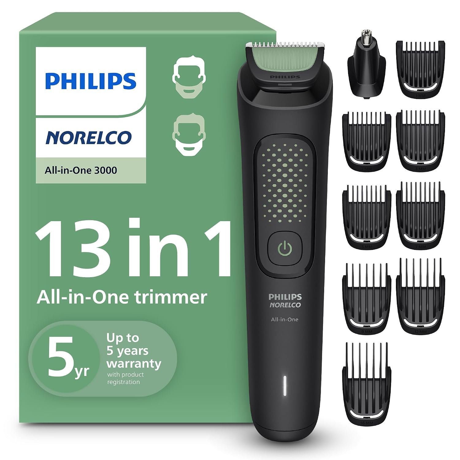 Philips Norelco All-in-One 3000 Series 13 in 1 Trimmer, Beard Styler & Men’s Hair Clipper, 9 Length Settings & Self-Sharpening Skin-Friendly Blades, MG3919/50