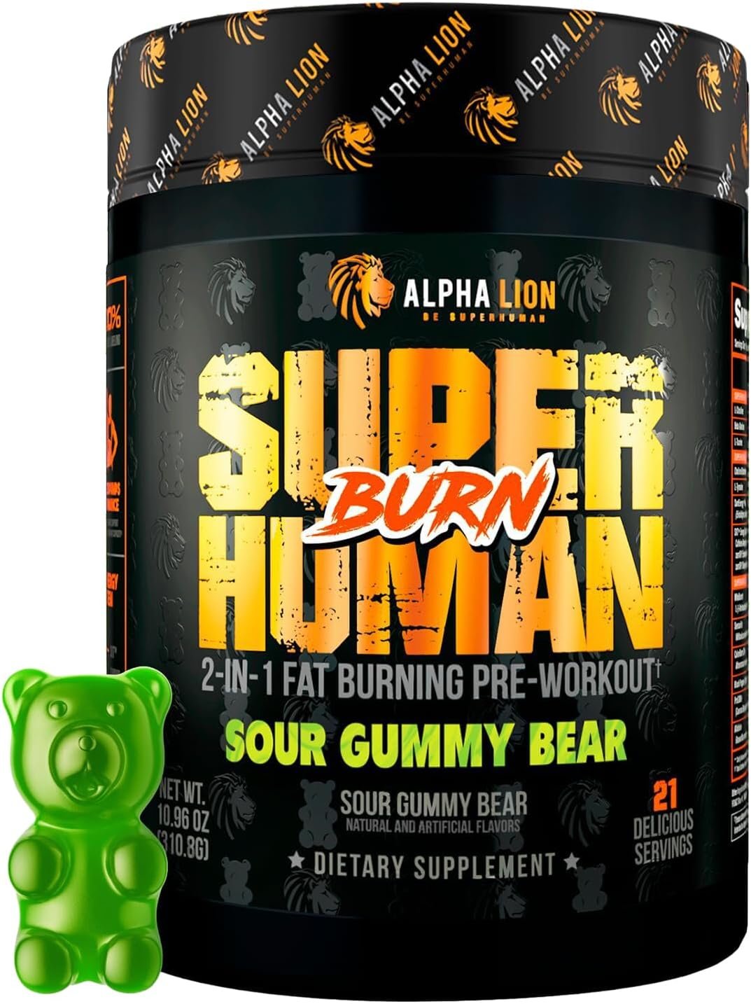 ALPHA LION Superhuman Burn, 2 in 1 Metabolism Booster Pre Workout and Men’s Thermogenic Fat Burner, Sour Gummy Bear (Hulk Juice), Package Varies