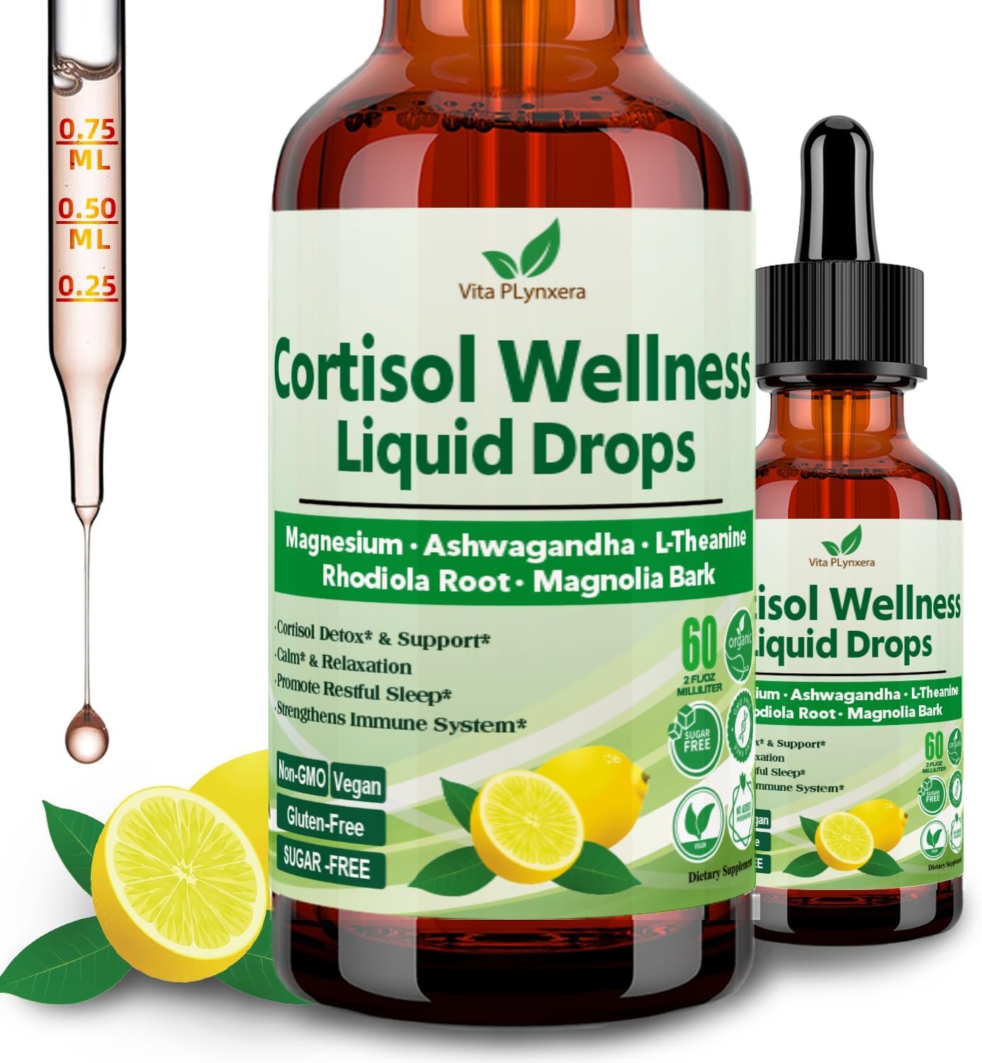 Vita PLynxera Cortisol Supplement Liquid Drops, 17-in-1 Cortisol Detox w. Magnesium Glycinate 400mg Ashwagandha, L-Theanine, Phosphatidylserine, Hormone Balanced for Women, Mood Focus, Sleep Support