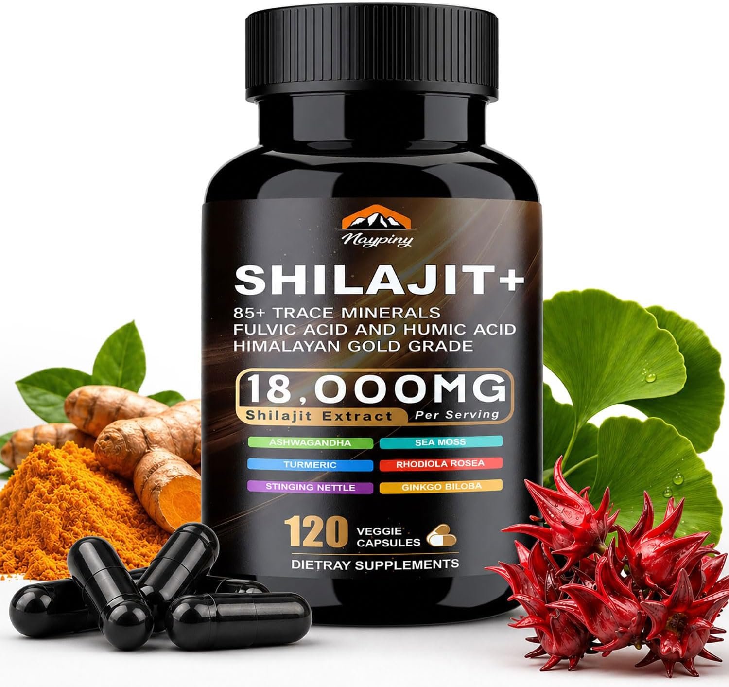 Shilajit Capsules, Himalayan Organic Shilajit for Men and Women, with Ashwagandha Ginseng, Fulvic Acid and More Trace Minerals – 120 Capsules