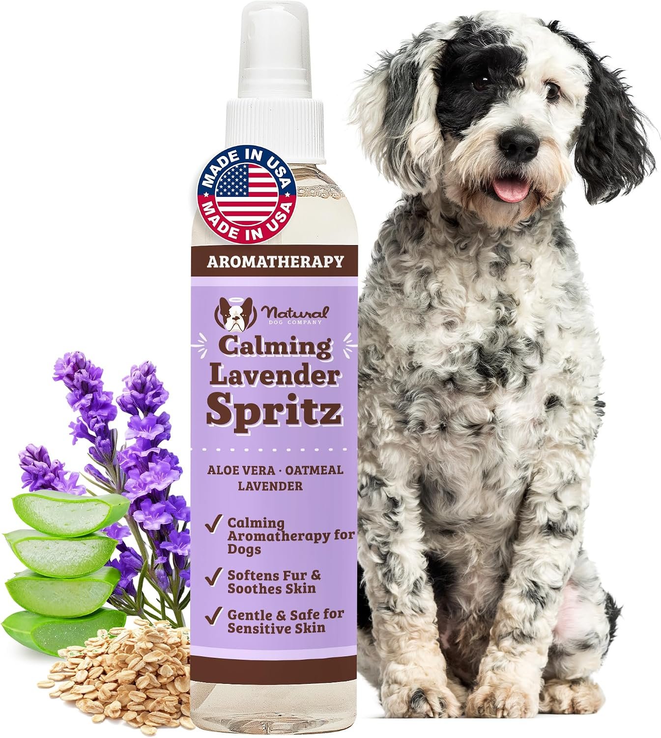 Natural Dog Company Lavender Calming Spray for Dogs – 8 oz Sprizt – Hypoallergenic Dog Deodorizing Spray with Aloe & Oatmeal – Refreshes Coat, Soothes Sensitive Skin – No Artificial Fragrance