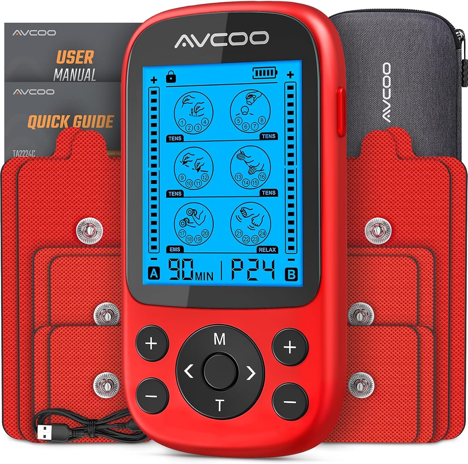 AVCOO 3-in-1 TENS Unit Muscle Stimulator for Pain Relief, 24 Modes, EVA Bag