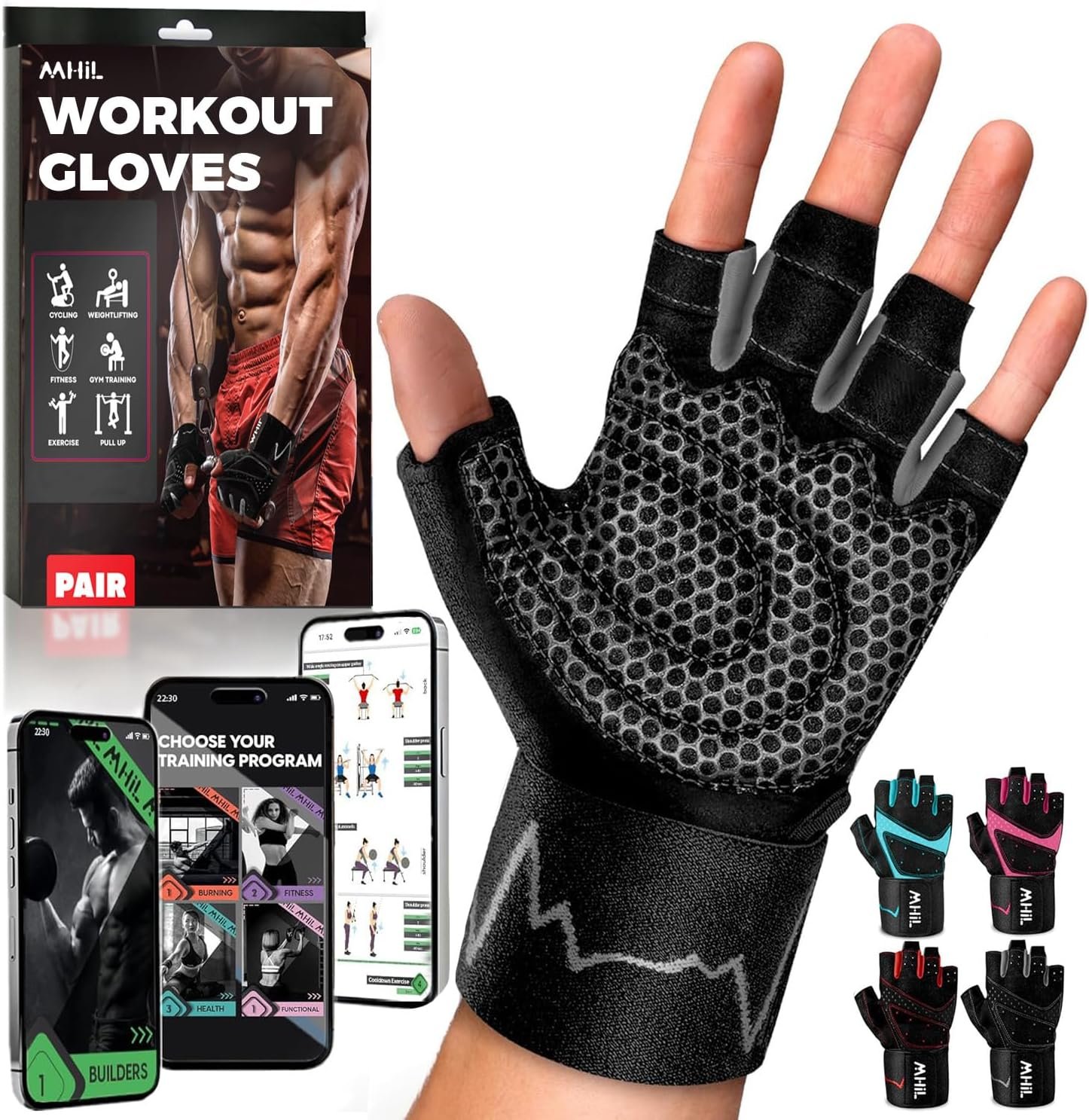 MhIL Workout Gloves for Men – Comfortable Gym Gloves for Men with Enhanced Grip for Safety and Hand Protection – Weight Lifting Protection with Wrist Wraps Support for Performance Boost and Style