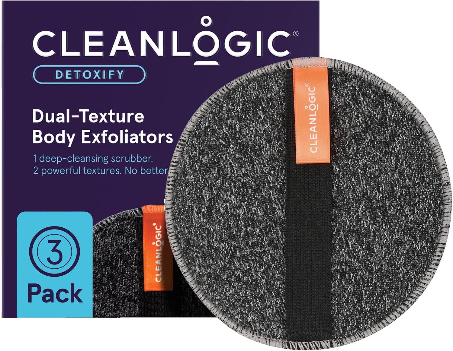 Cleanlogic Charcoal Exfoliating Body Scrubber – Round Exfoliator – 3 Count