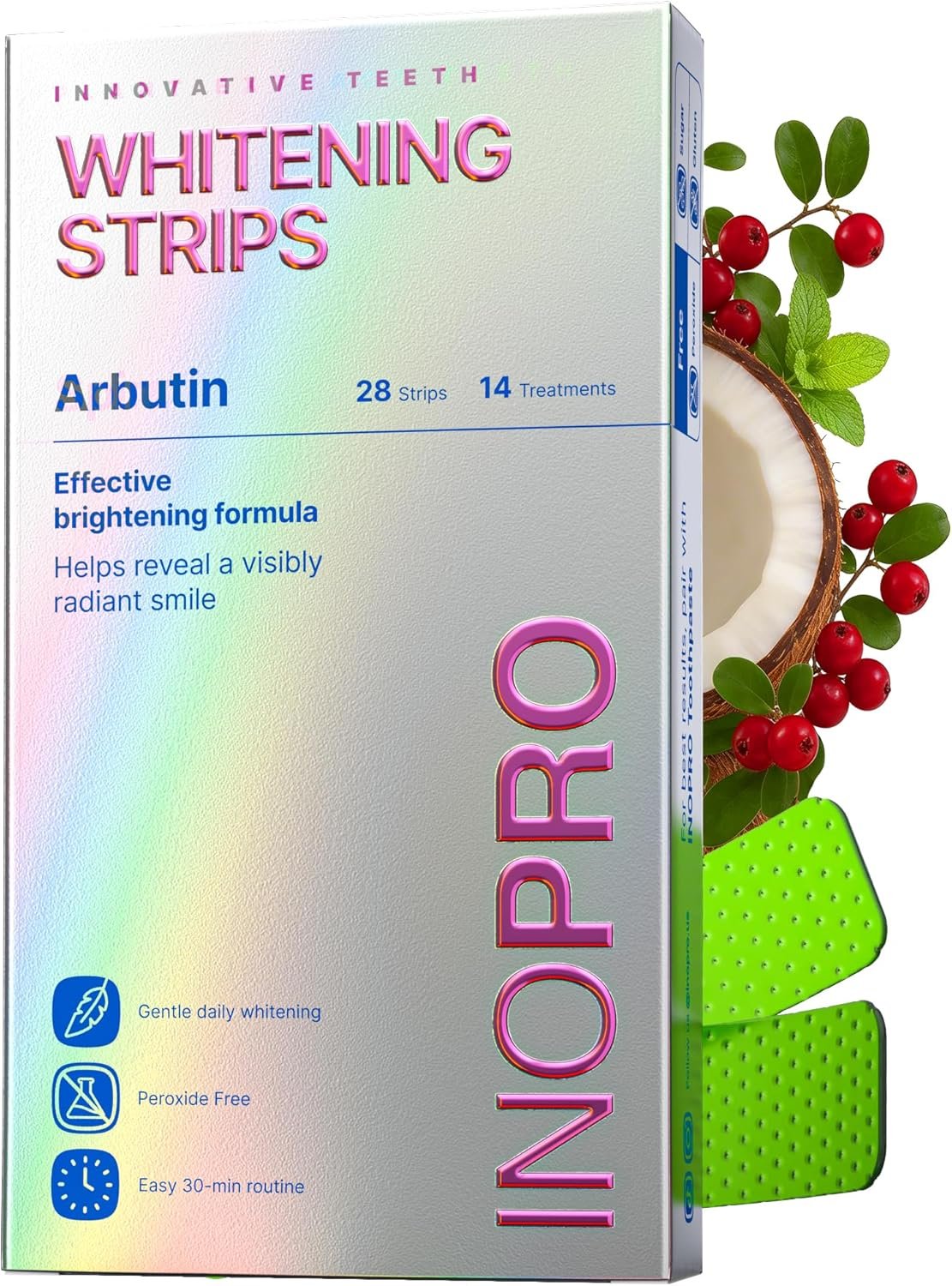 InoPro Teeth Whitening Strips 14 Treatments Kit – Enamel Safe Teeth Whitener, Peroxide-Free, Green White Strips for Teeth Whitening with Arbutin, Coconut Oil, Deep Stains Removal (28 Strips)