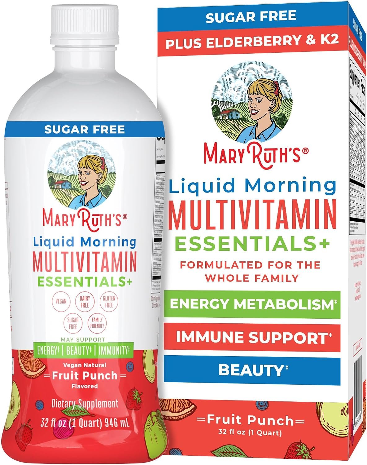 MaryRuth’s Liquid Morning Multivitamin Essentials+, 2 Flavors, Vegan, 32oz