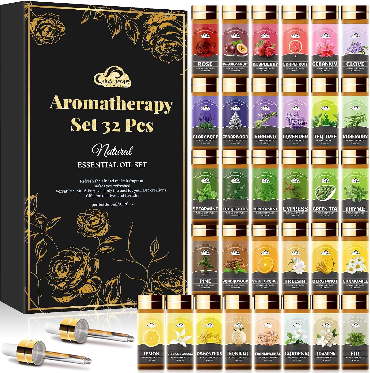 Essential Oil Set, 32 Pcs Fragrance Oils for Diffusers, Home Care, Humidifier Laundry, Candle Making – Tea Tree, Sandalwood, Lavender, Vanilla, Eucalyptus and More(5mL)