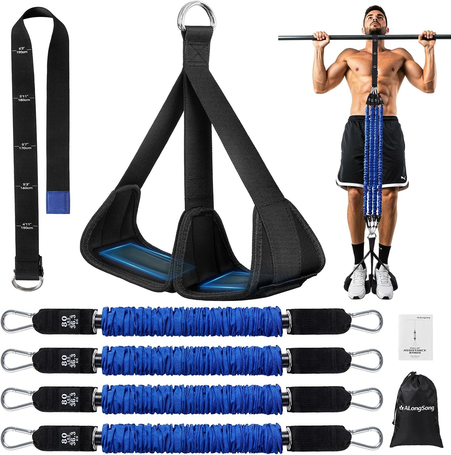ALongSong Pull Up Assistance Bands with Foot Support Pedal – Upgraded Heavy Duty Resistance Bands Adjustable Weight/Height with Bands&Measured Strap for Strength Training Home Gym
