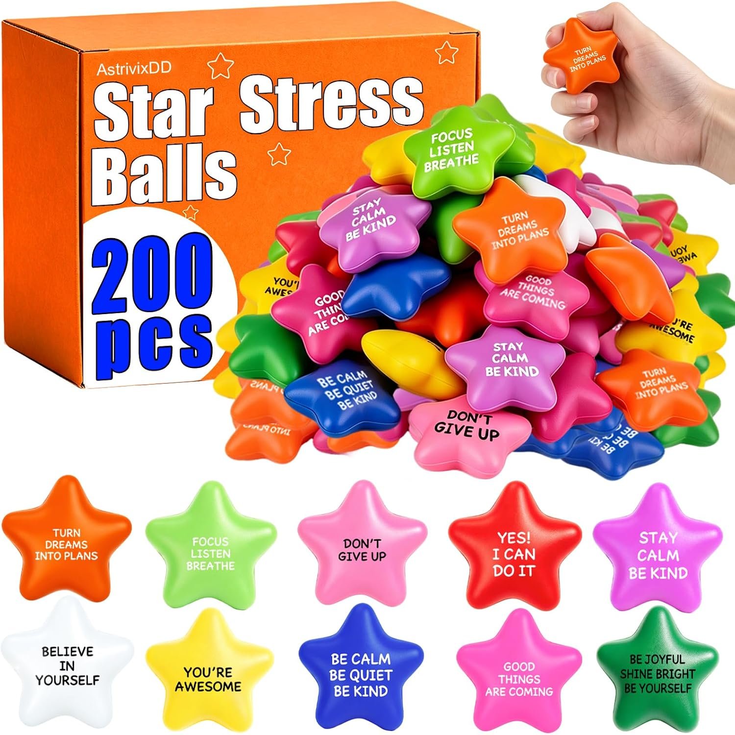 200 Pack Star Stress Balls Bulk, Foam Fidget Toys with Motivational Quotes