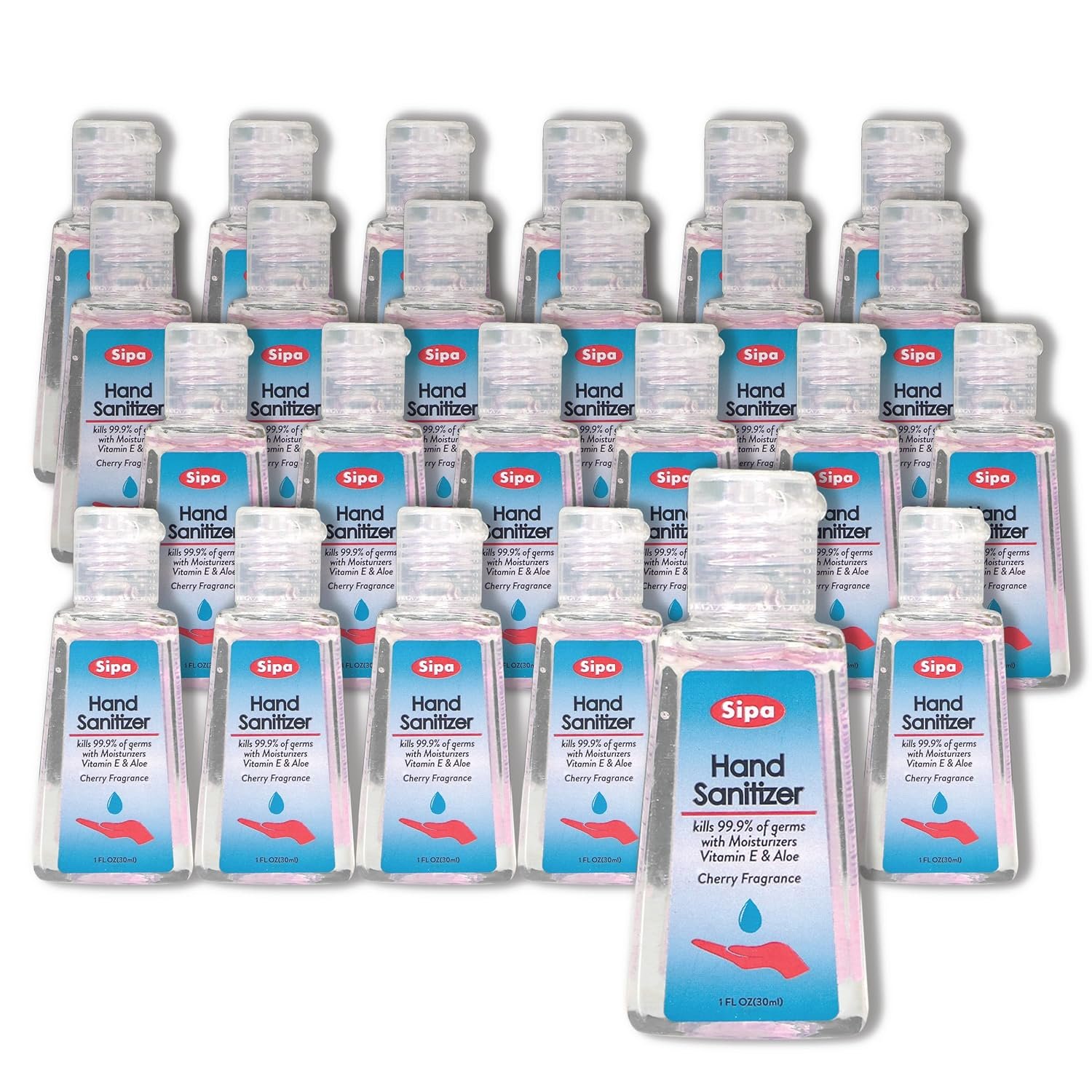 SIPA Bulk Cherry Scent Hand Sanitizer Travel Size Bundle 1 oz, Cap Bottle, Protect Against Germs with Vitamin E Formula, with 2 Free Keychain Holder (1oz Pack of 24)