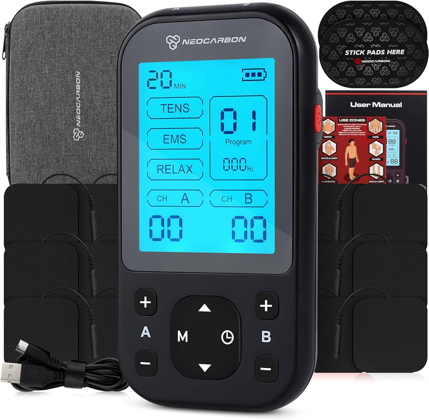 NEOCARBON TENS Unit Muscle Stimulator Pro for Back Pain Relief, Black