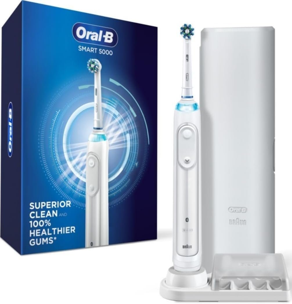Oral-B Smart 5000 Rechargeable Electric Powered Toothbrush, Black with Travel Case and Bluetooth – Visible Pressure Sensor to Protect Gums – 5 Cleaning Modes – 2 Minute Timer