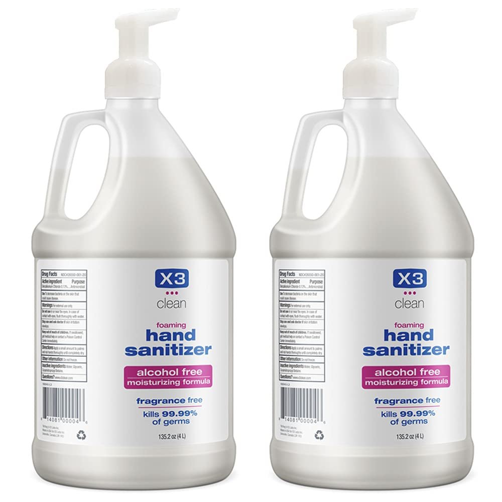 X3 Clean Hand Sanitizer Foaming Pump – Alcohol Free & Fragrance Free Moisturizing Formula – Kills 99.9% Germs – Made in USA – 135.2 oz (4L) Economy Refill Size (2 Pack)