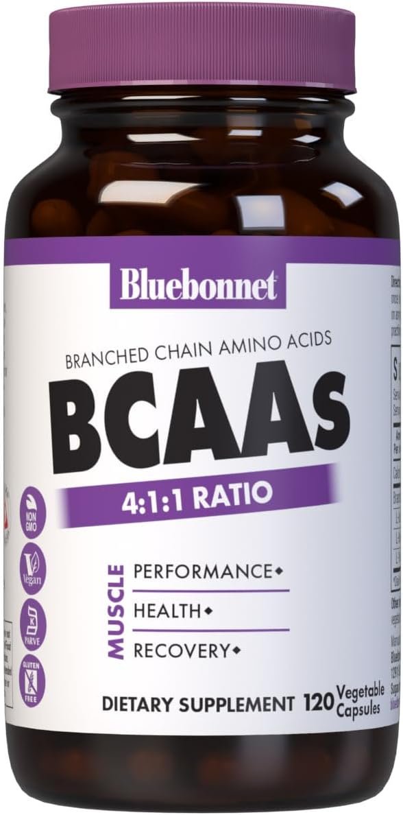 Bluebonnet Nutrition BCAAs 4:1:1 Ratio, Muscle Performance*, Muscle Health*, Muscle Repair*, Non-GMO, Vegan, Kosher Certified, Gluten-Free, Soy-Free, Dairy-Free, 120 Vegetable Capsules, 30 Servings