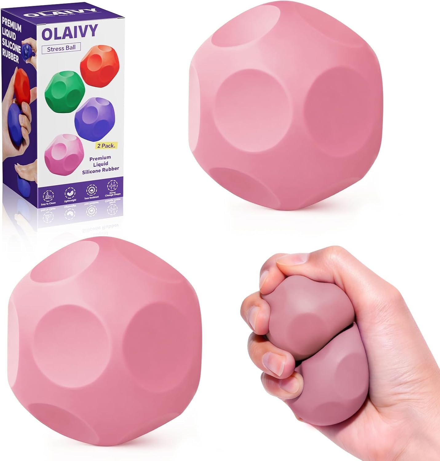 2 Pack Stress Balls for Adults – Silicone Fidget Toys with Steel Beads for Sensory Stimulation & Stress Relief – Portable Squishy Squeeze Balls for Hand Exerciser Prize Box Party Favors,Pink