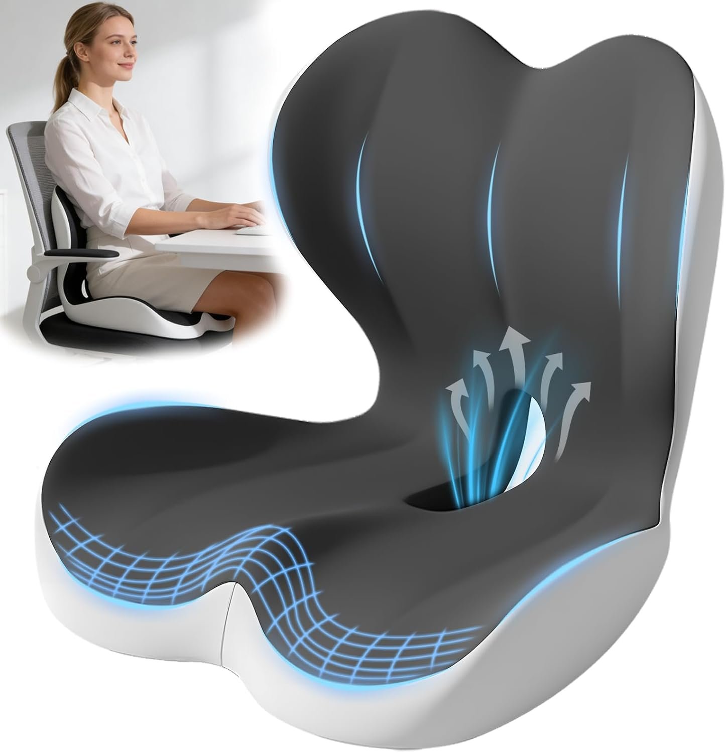 Office Chair Seat Cushion with Back Lumbar Support, Ergonomic Memory Foam