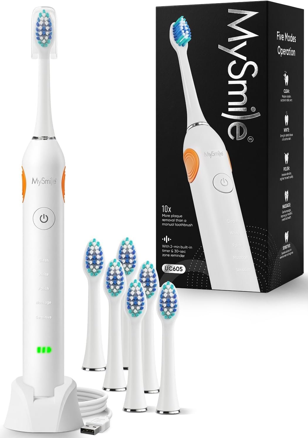 MySmile UC605 Series Electric Toothbrush, with Advanced Sonic Toothbrush Technology & 60+ Days Rechargeable Battery Life, 5 Modes with SmartTimer & QuadPacer, 6 Replacement Heads, 48000VPM – White