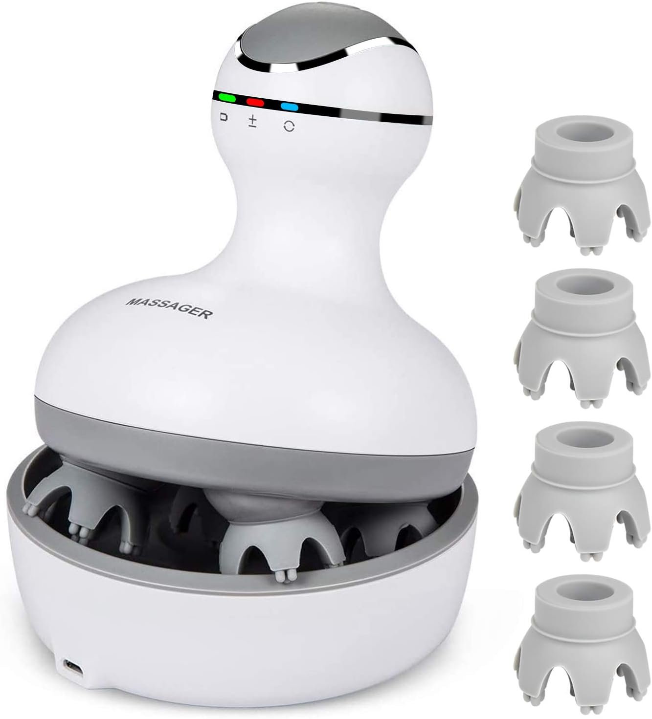 cotsoco Electric Scalp Head & Back Massager, Cordless Hair Massage Waterproof Head Massager with 4 Heads 84 Nodes for Hair Growth, Stress Relief & Deep Clean, Gifts for Men Women, White