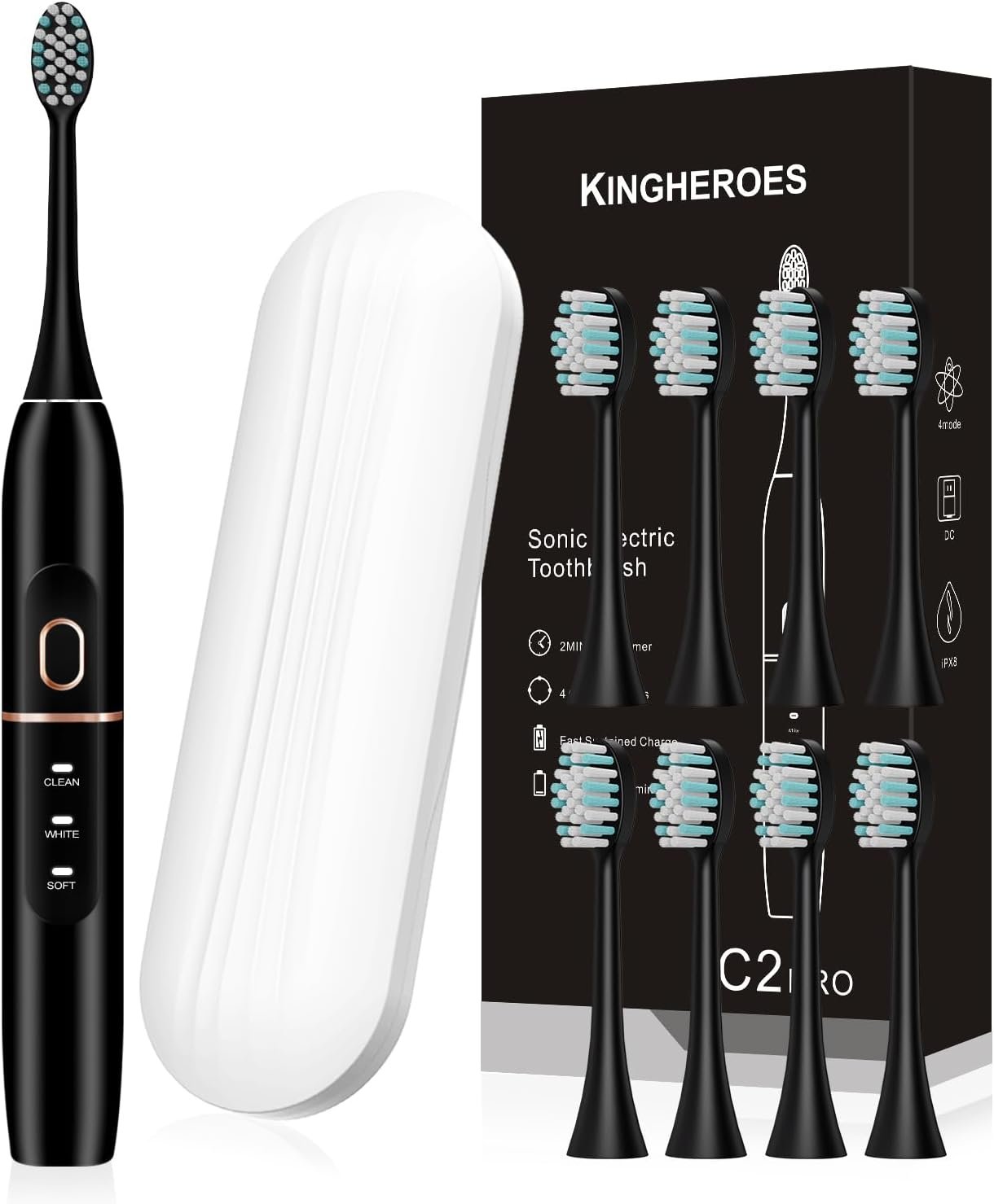 kingheroes Electric Toothbrush Set, Comes with 8 Brush Heads & Travel Case,4 Modes with 2 Minutes Built in Smart Timer, One Charge for 60 Days, 42000 VPM Motor (Black)