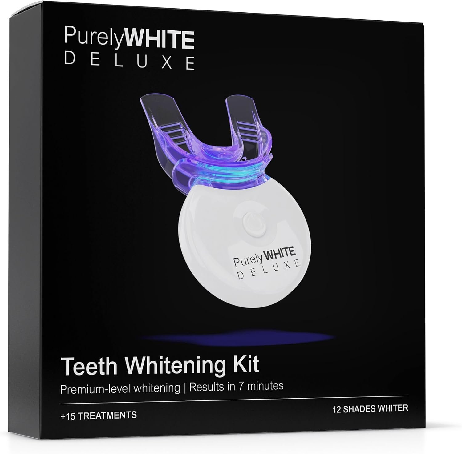 PurelyWHITE DELUXE Teeth Whitening Kit, Complete LED Teeth Whitening, 15+ Treatments, (3) 3ml Whitening Gel Syringes, Whiter Smile in 7 Minutes