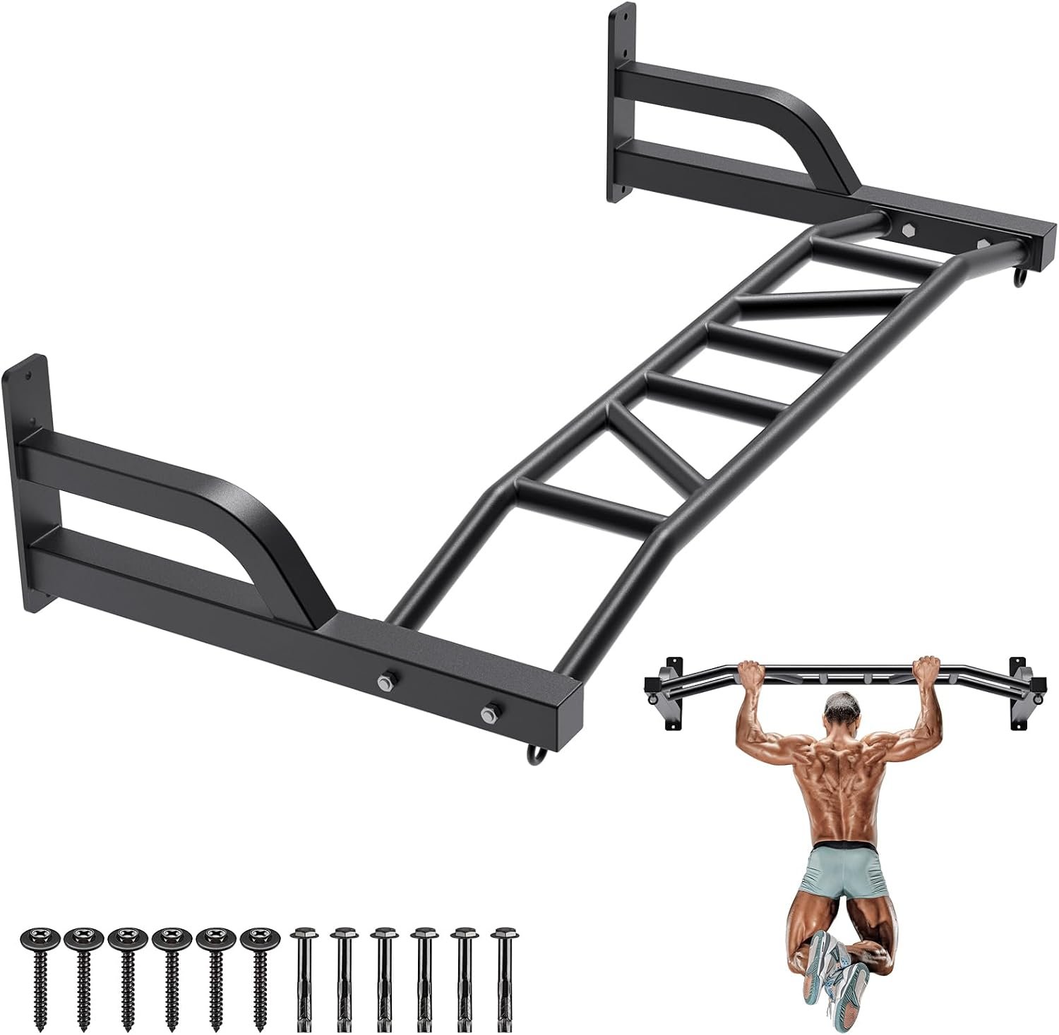 SELEWARE 48” Heavy Duty Wall Mount Pull Up Bar with Cable Pulley System