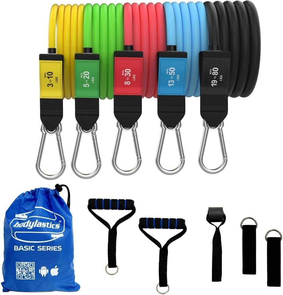 Bodylastics Patented Basic Series Resistance Band Set – Resistance Bands with Snap Reduction Tech, 2 Handles, 2 Ankle Straps, 1 Door Anchor & 1 Carry Bag
