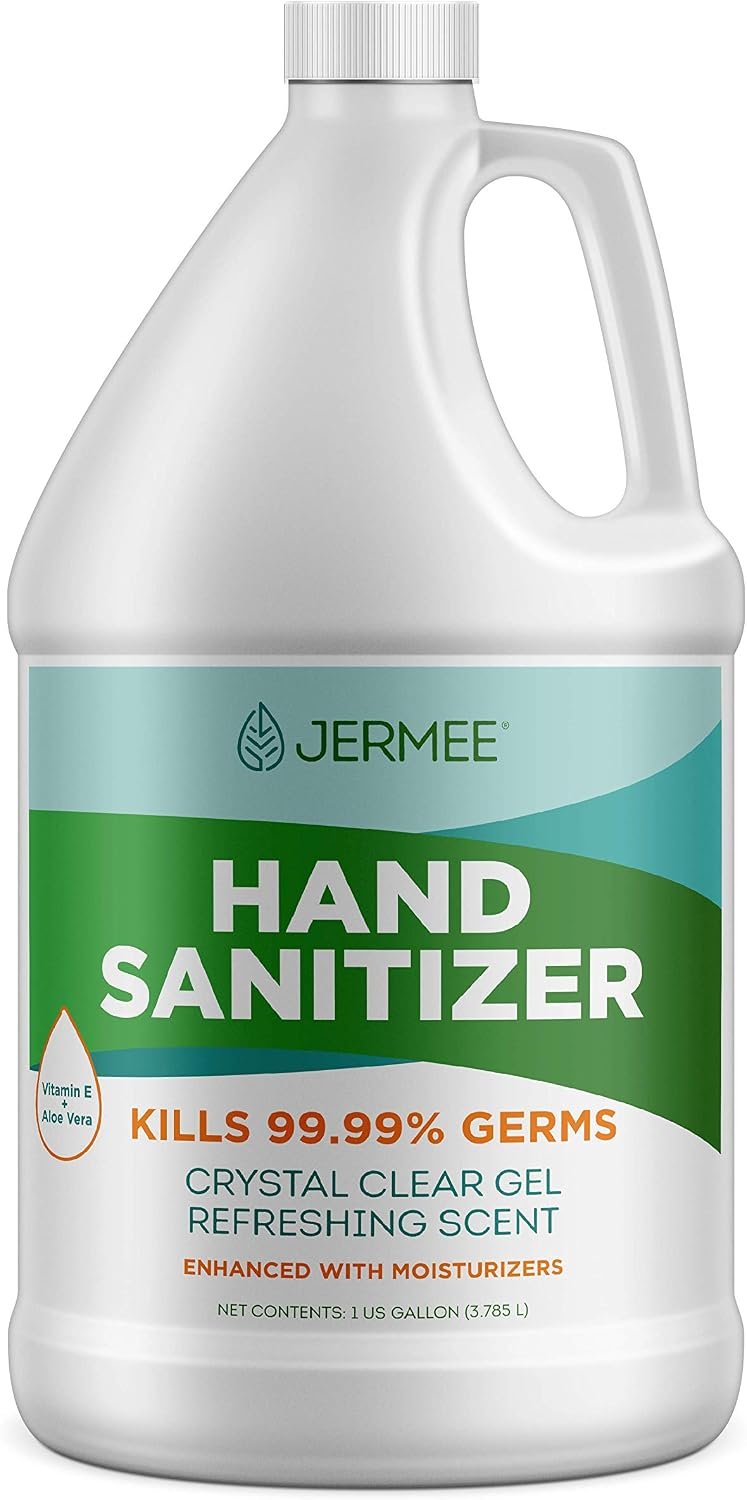 JERMEE Moisturizing Hand Sanitizer Gel, 70% Alcohol – Kills 99.99% Germs, Enhanced with Vitamin E and Aloe Vera – Crystal Clear Gel, Refreshing Scent, Made in USA – 1 Gallon