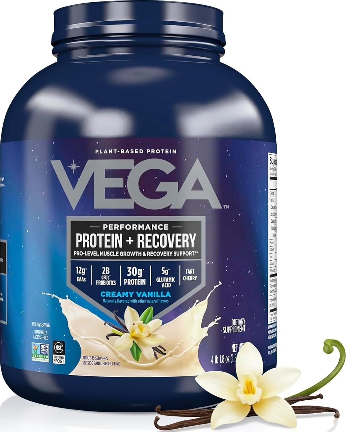 Vega Protein + Recovery, Vanilla – 30g Vegan Protein, Dairy & Gluten Free, Probiotics, NSF Certified, 65.6 oz (45 Servings)